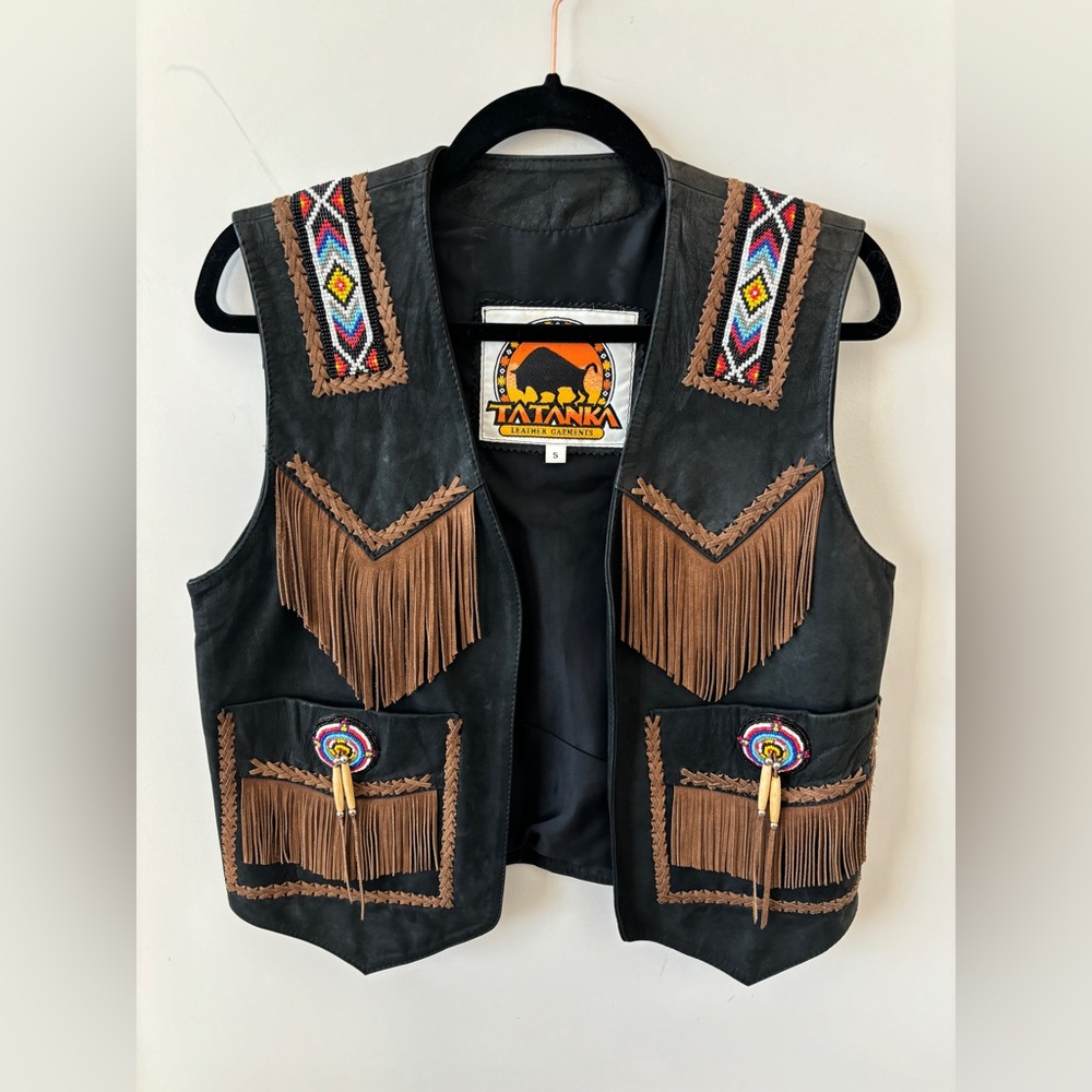 Vintage TATANKA Bison Native American Fringe Beaded Leather Vest